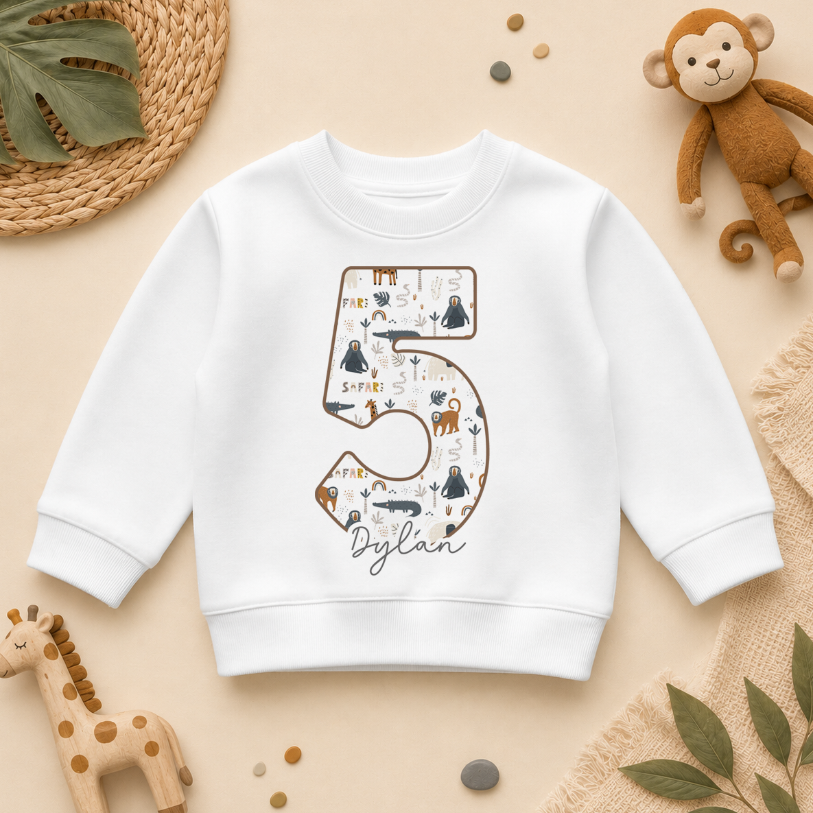 Personalised 5th Birthday Safari Animals Number 5 Sweatshirt for Kids