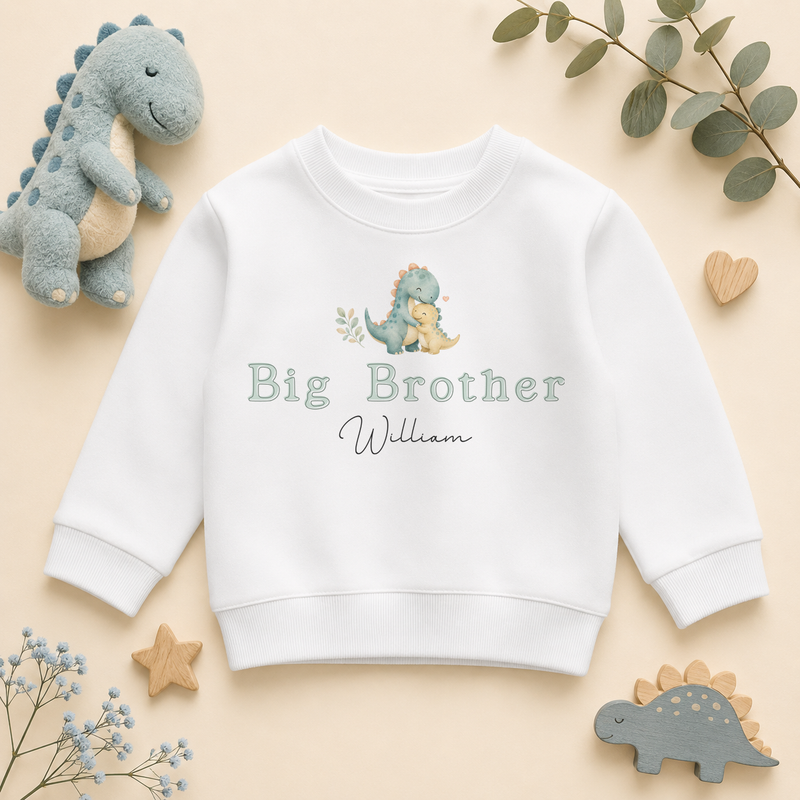 Big Brother - Personalised Big or Little Brother Kids Sweatshirt for Boys, Green Dinosaur with Name