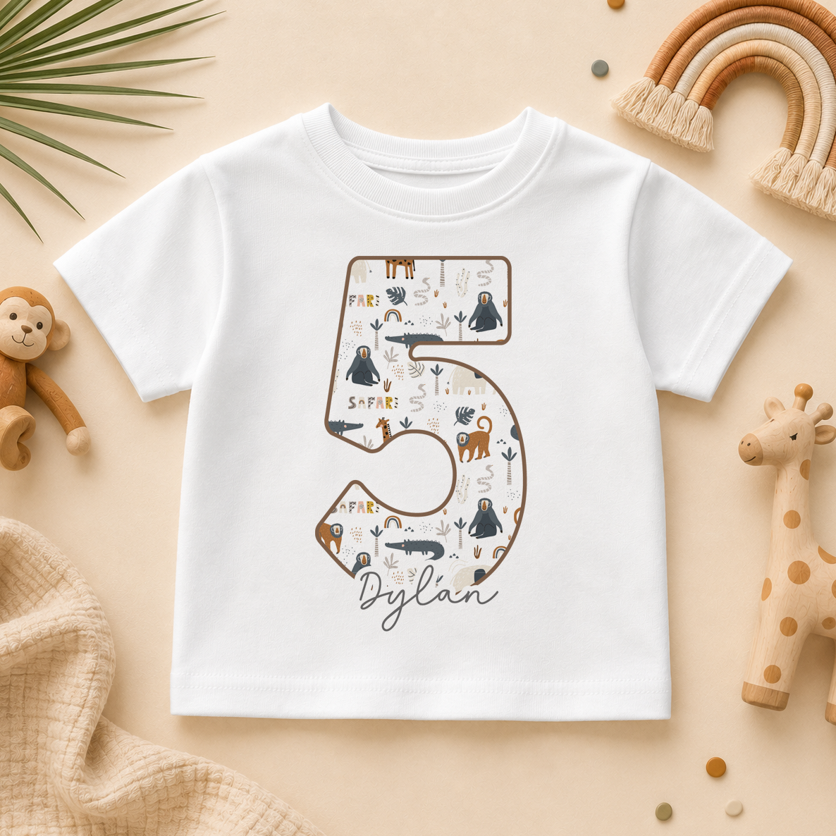 Personalised 5th Birthday Safari Animals Number 5 T-Shirt for Kids