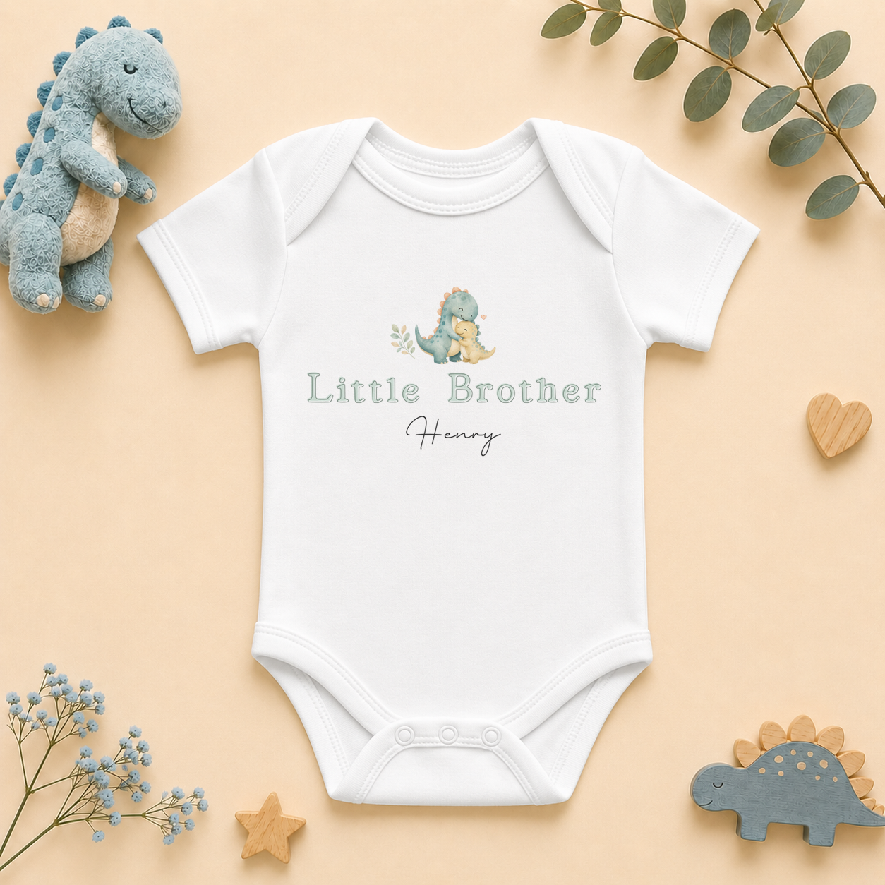 Personalised Little Brother Baby Vest Bodysuit for Boys, Green Dinosaur with Name