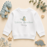 Little Brother - Personalised Big or Little Brother Kids Sweatshirt for Boys, Green Dinosaur with Name