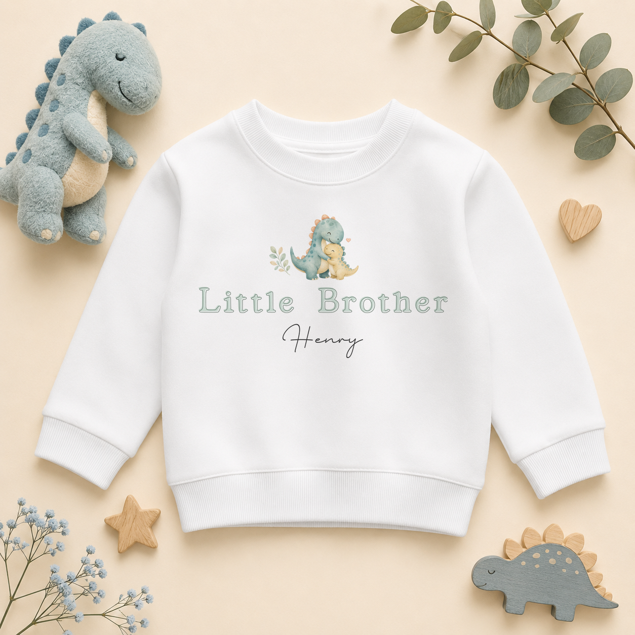 Little Brother - Personalised Big or Little Brother Kids Sweatshirt for Boys, Green Dinosaur with Name
