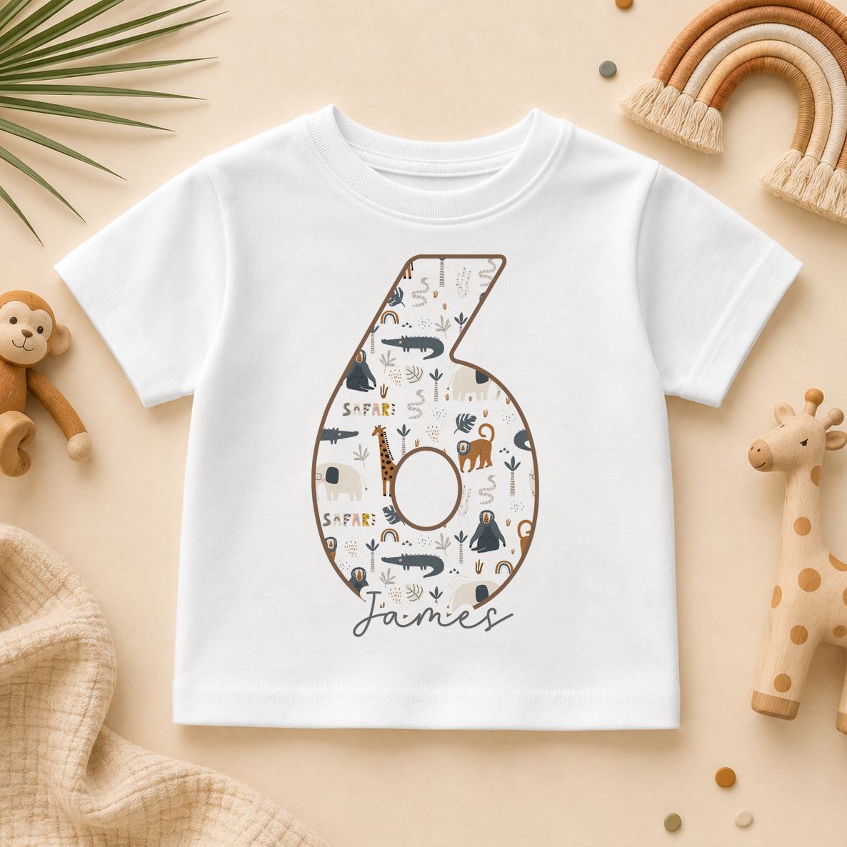 Personalised 6th Birthday Safari Animals Number Six T-Shirt for Kids