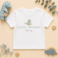 Little Brother - Personalised Big or Little Brother Kids T-Shirt for Boys, Green Dinosaur with Name