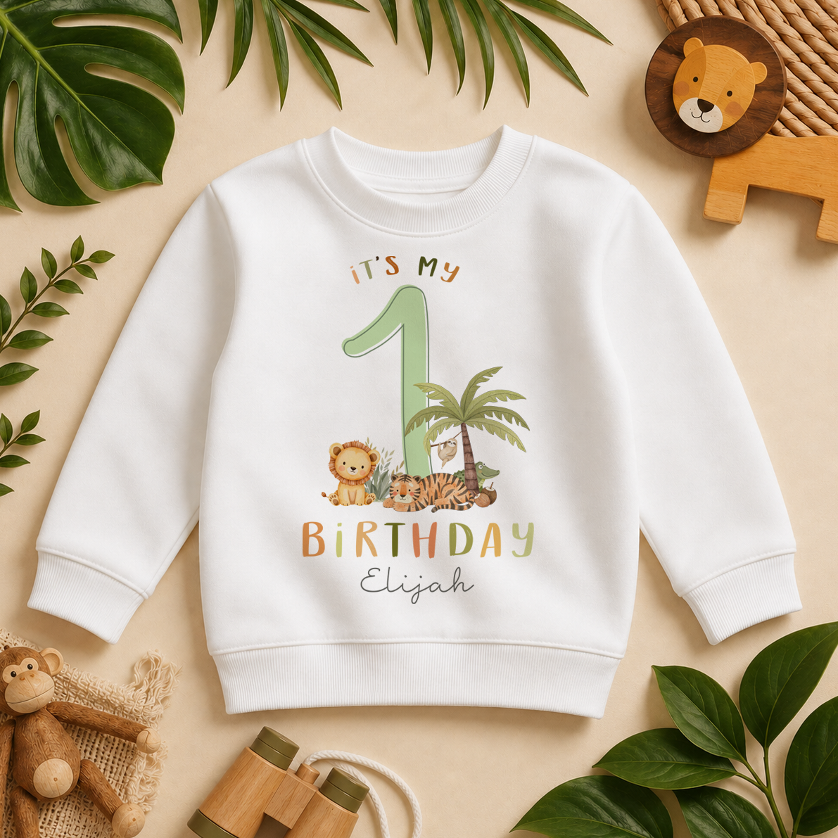 Personalised Name Kids Jumper 1st Birthday Lion Tiger Safari Palm Tree Jungle for Toddler Gift