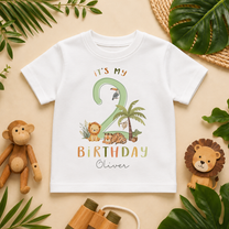 Personalised Name Kids T-Shirt It's My 2nd Birthday Safari Lion Tiger Toucan Palm Tree Jungle for Toddler Gift
