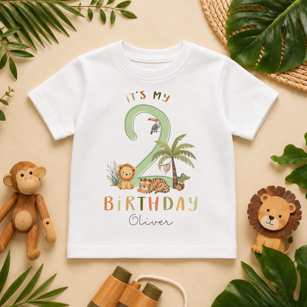 Personalised Name Kids T-Shirt It's My 2nd Birthday Safari Lion Tiger Toucan Palm Tree Jungle for Toddler Gift