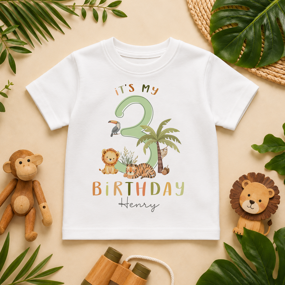 Personalised Name Kids T-Shirt It's My 3rd Birthday Safari Lion Tiger Palm Jungle for Toddler Gift