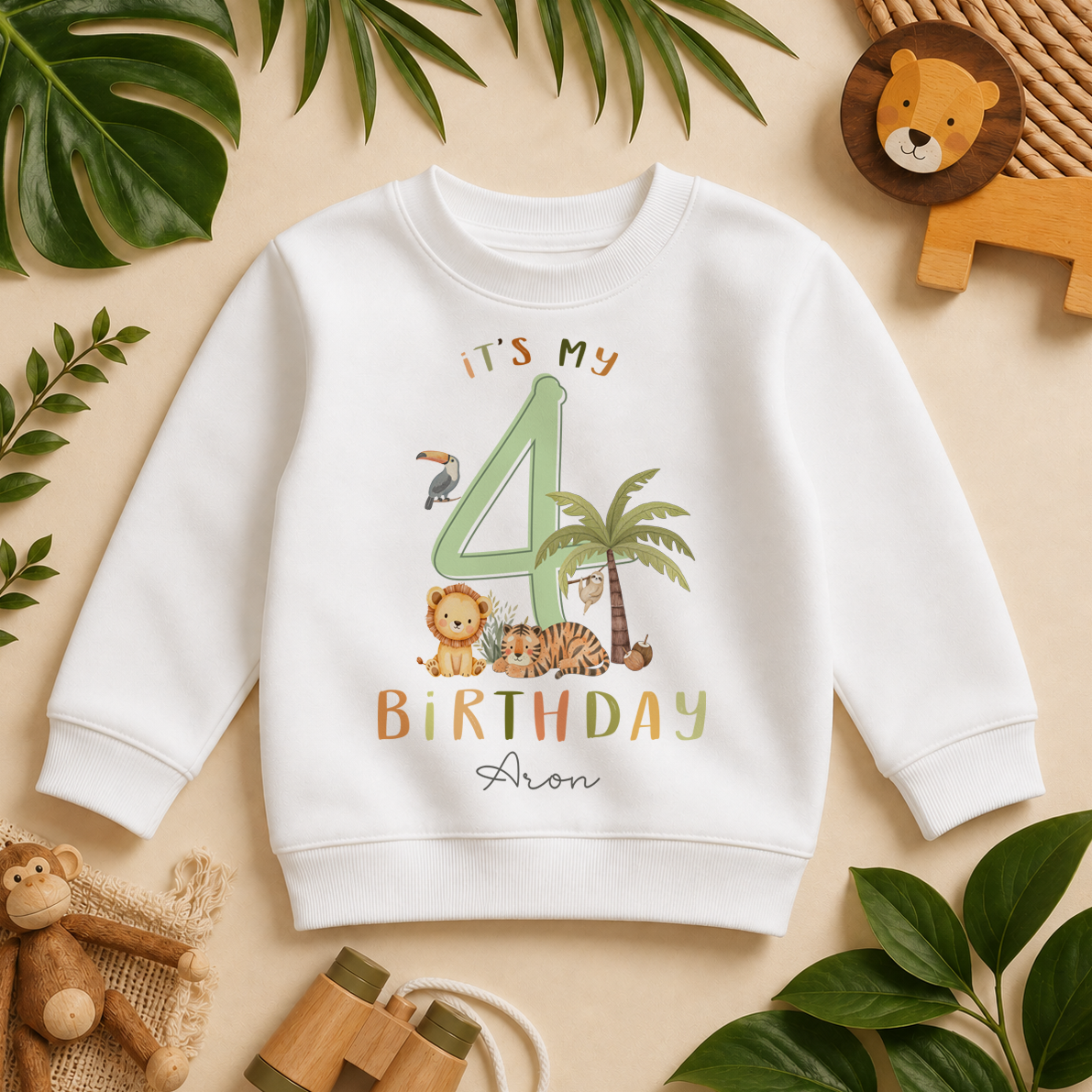 Personalised Name Kids Jumper 4th Birthday Safari Lion Tiger Palm Tree Jungle Animals Gift Idea