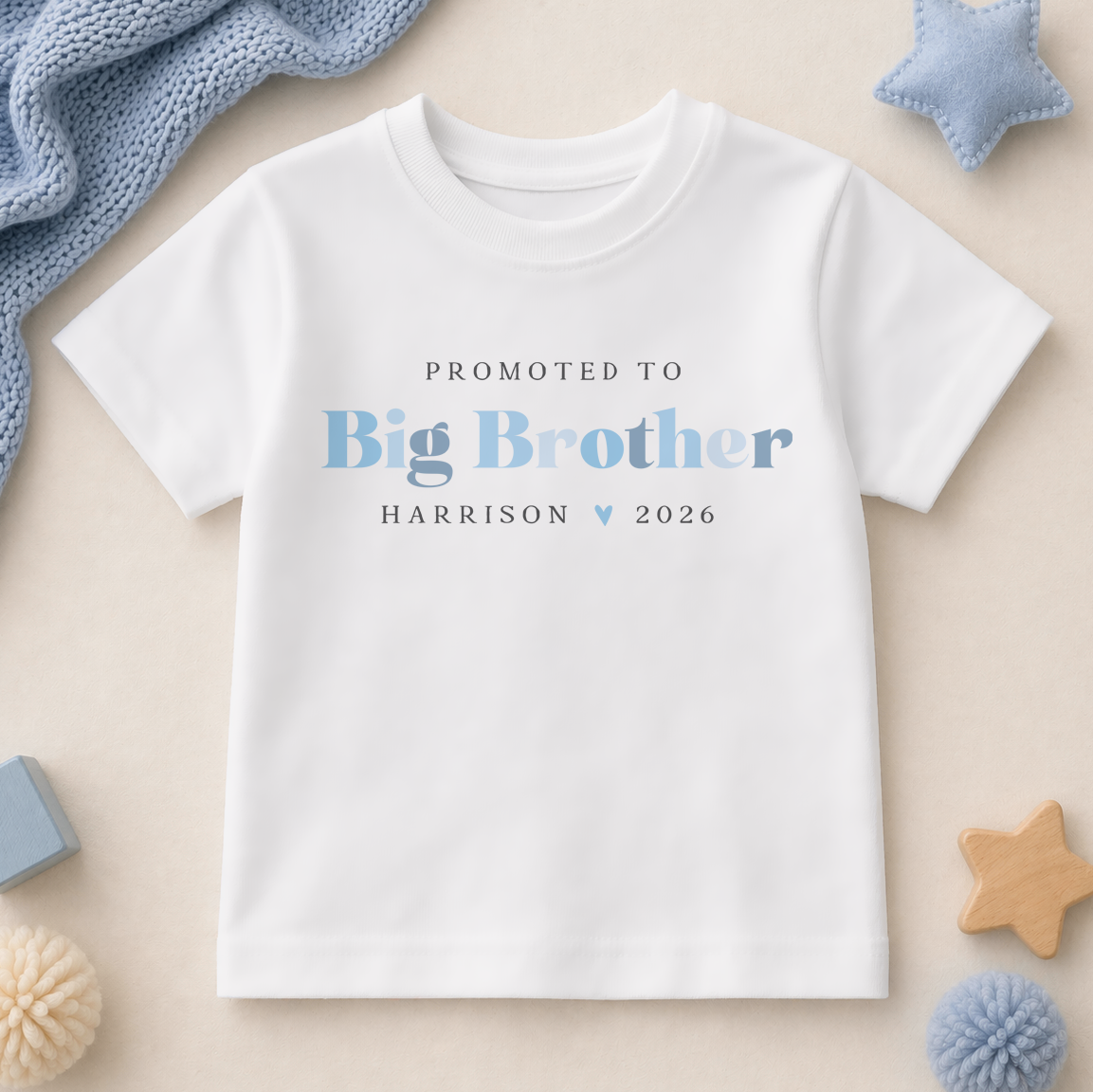 Personalised Big Brother Kids T-Shirt for Boys, Light Blue with Name and Year