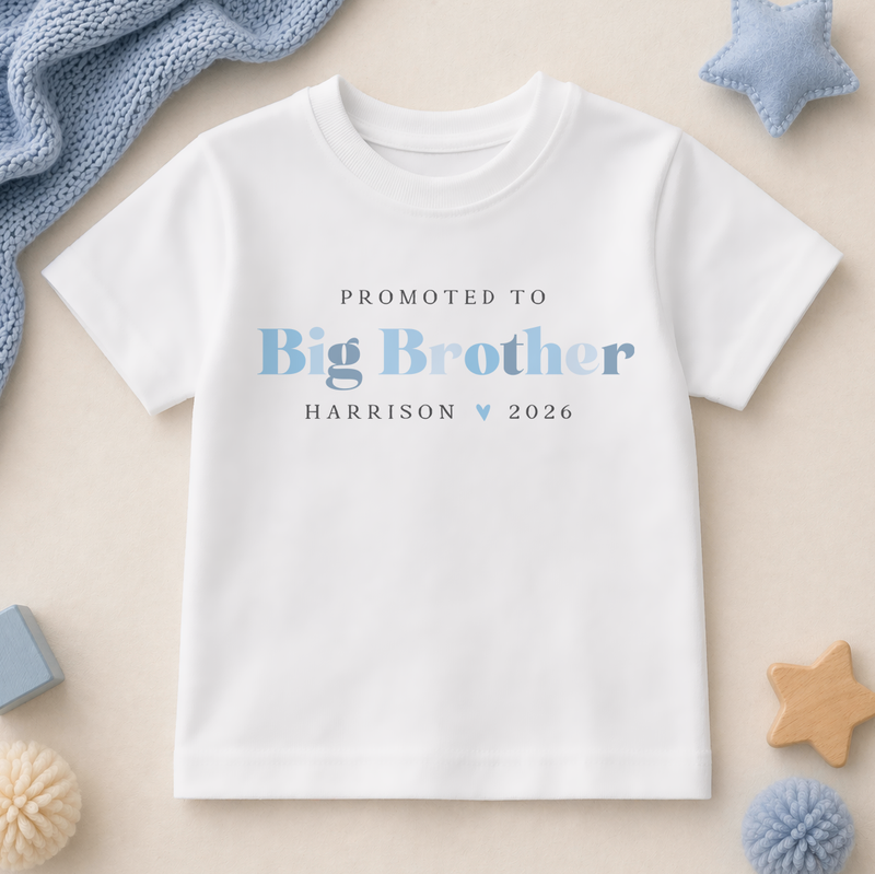 Personalised Big Brother Kids T-Shirt for Boys, Light Blue with Name and Year