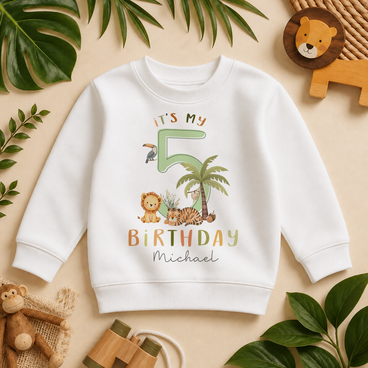 Personalised 5th Birthday 'It's My Birthday' Green 5 Jungle Sweatshirt for Kids