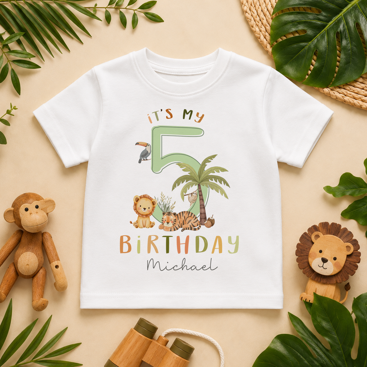 Personalised 5th Birthday 'It's My Birthday' Green 5 Safari Jungle T-Shirt for Kids