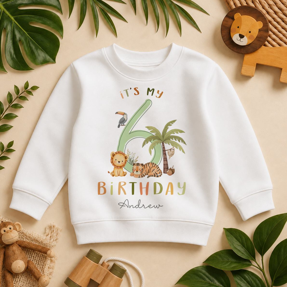 Personalised 6th Birthday Green Jungle Animals Sweatshirt for Kids