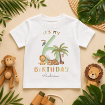 Personalised 6th Birthday Green Number 6 Safari Animals T-Shirt for Kids