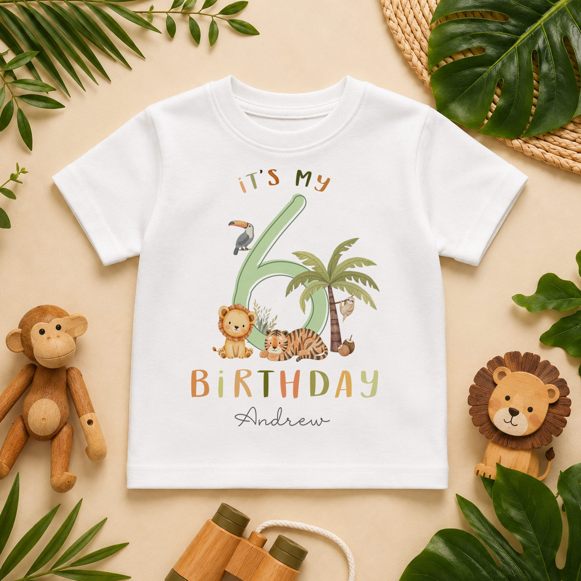 Personalised 6th Birthday Green Number 6 Safari Animals T-Shirt for Kids