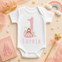 Personalised Name Baby Vest Bodysuit 1st Birthday Princess Rainbow Crown Stars