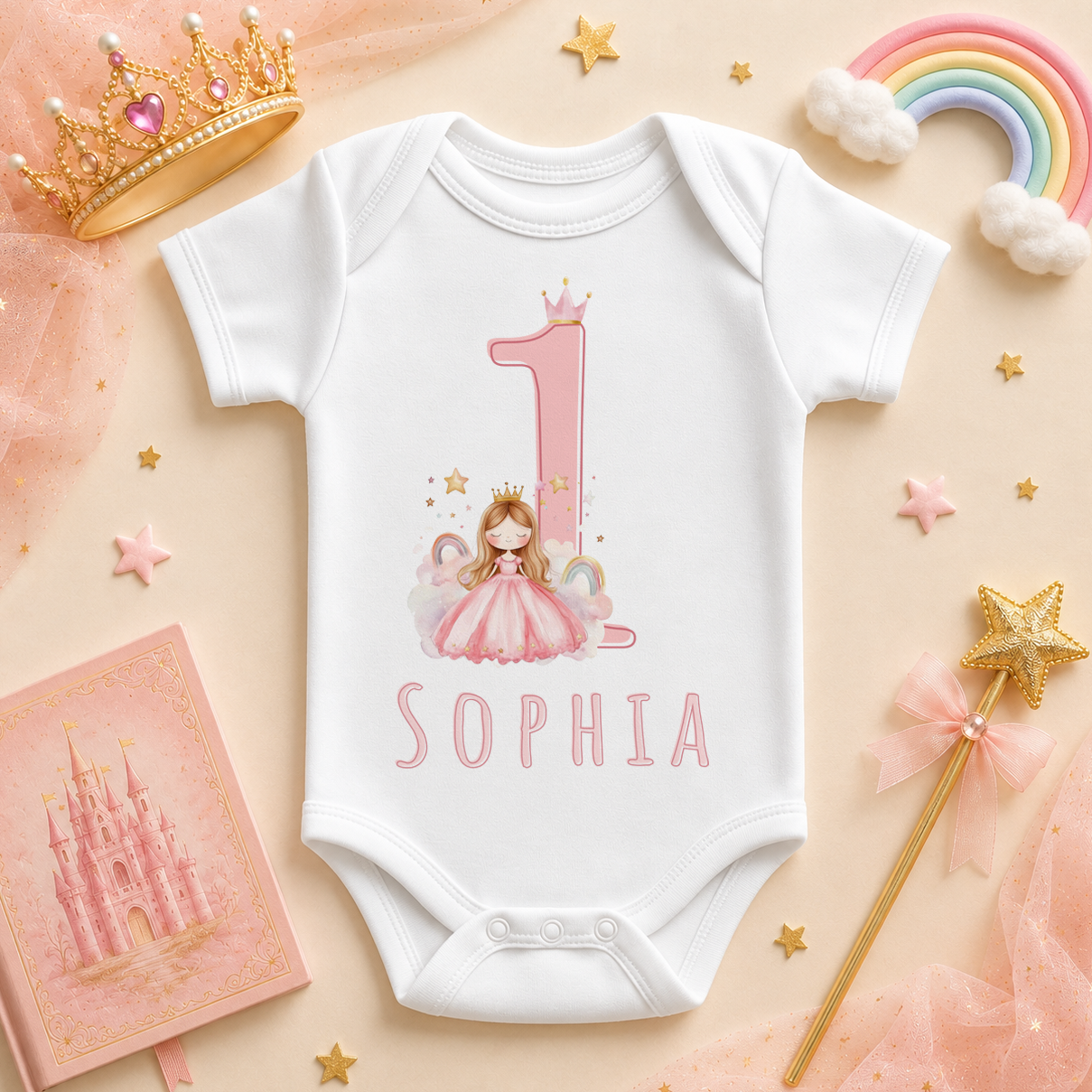 Personalised Name Baby Vest Bodysuit 1st Birthday Princess Rainbow Crown Stars