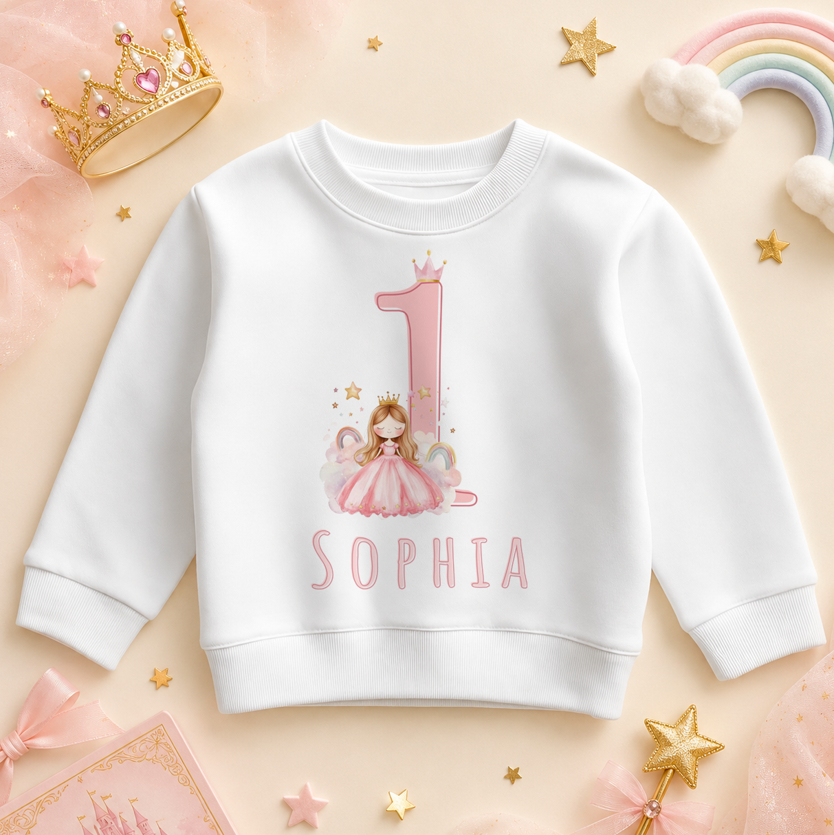 Personalised Name Girls Jumper 1st Birthday Princess Rainbow Crown Stars for Kids Gift