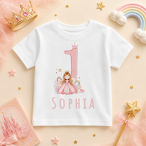 Personalised Name Girls T-Shirt 1st Birthday Princess Rainbow Crown Stars for Kids Gift