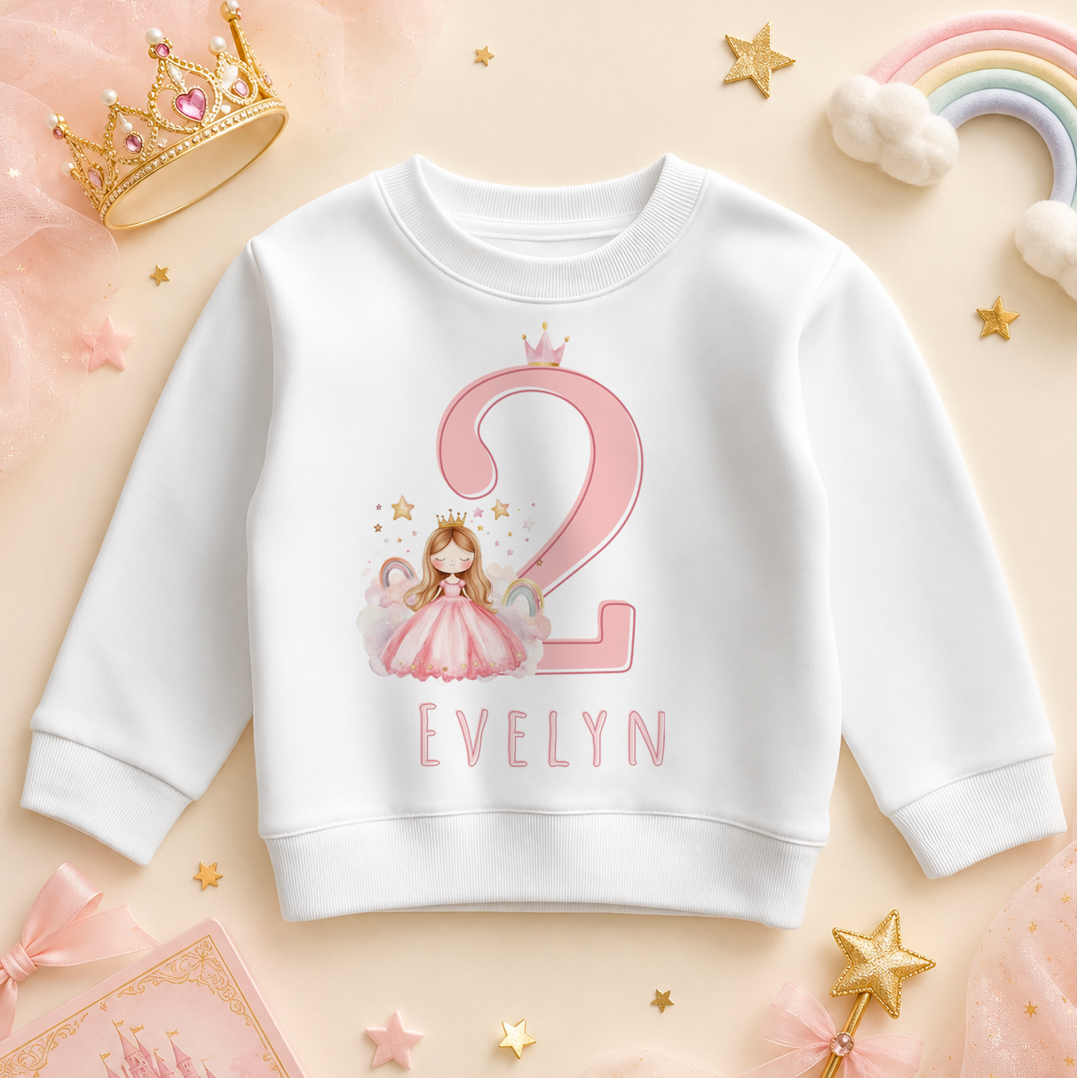 Personalised Name Girls Jumper 2nd Birthday Princess Rainbow Stars Gold Crown Tiara for Toddler Gift