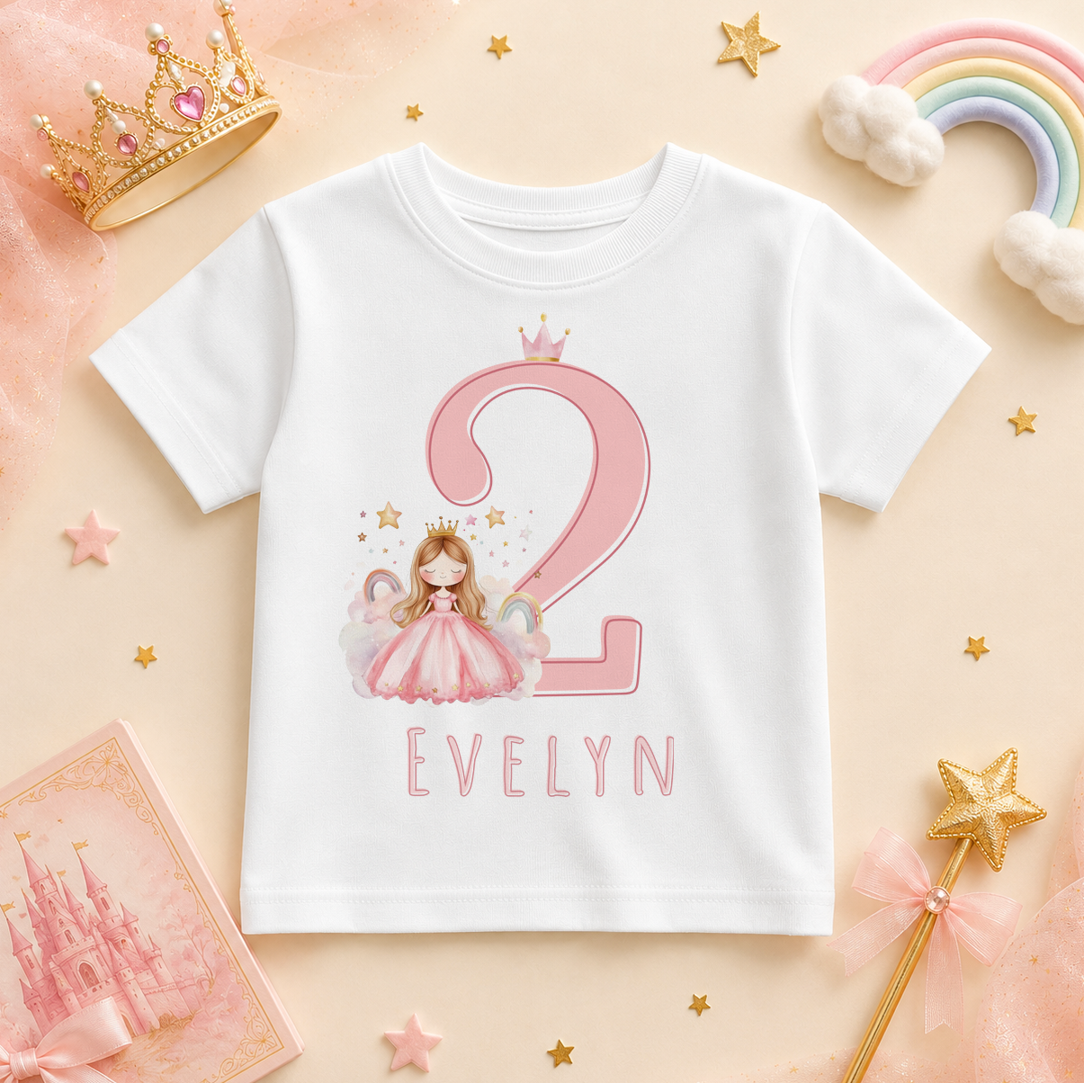 Personalised Name Girls T-Shirt 2nd Birthday Princess Rainbow Stars Gold Crown Tiara for Toddler Gift