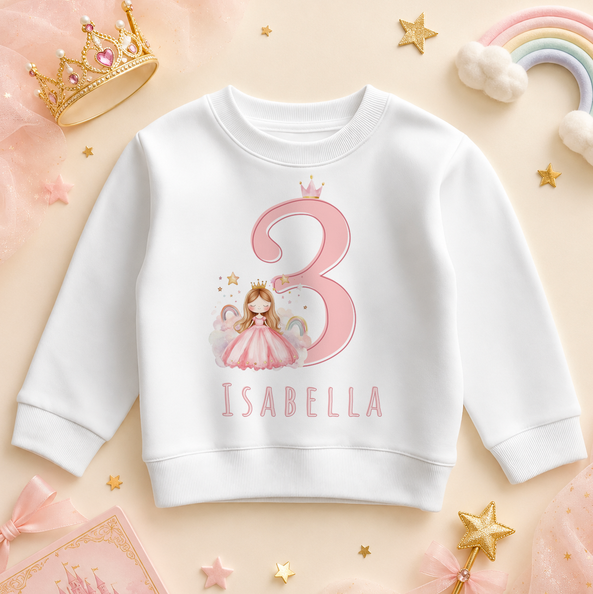 Personalised Name Girls Jumper 3rd Birthday Princess Crown Rainbow Stars for Kids Gift