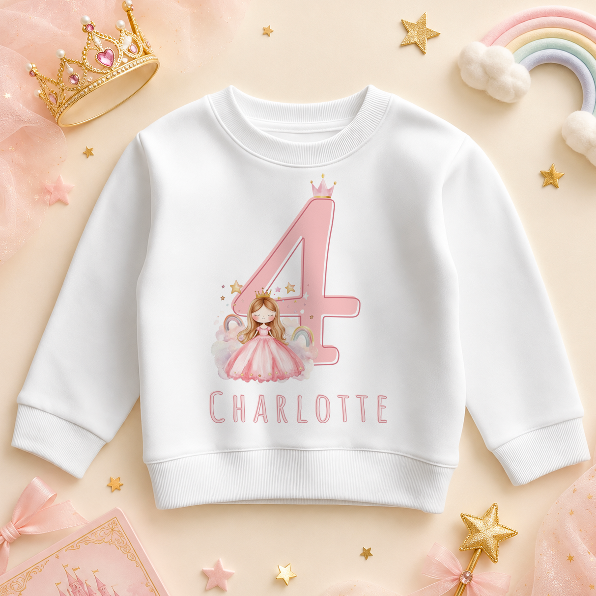 Personalised Name Girls Jumper 4th Birthday Princess Rainbow Tiara Stars Script for Kids Gift