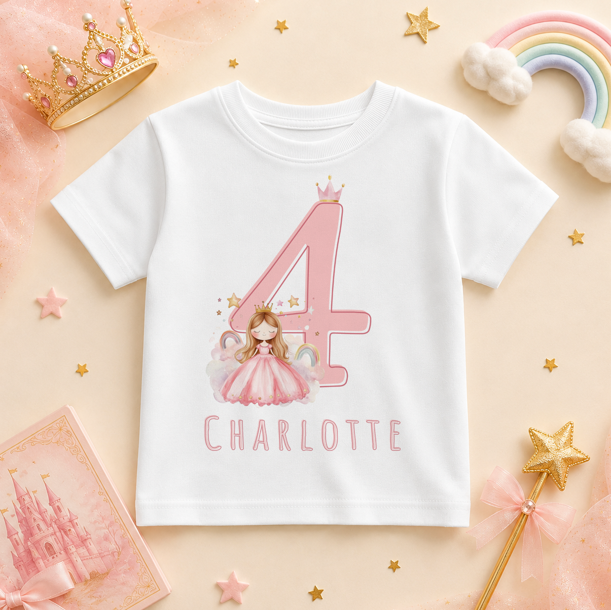 Personalised Name Girls T-Shirt 4th Birthday Princess Rainbow Stars Crown Gold Tiara for Kids Gift