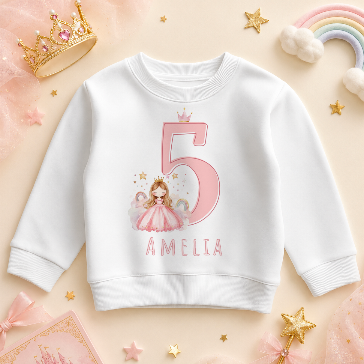 Personalised 5th Birthday Pink Crowned 5 Princess Rainbow Sweatshirt for Girls