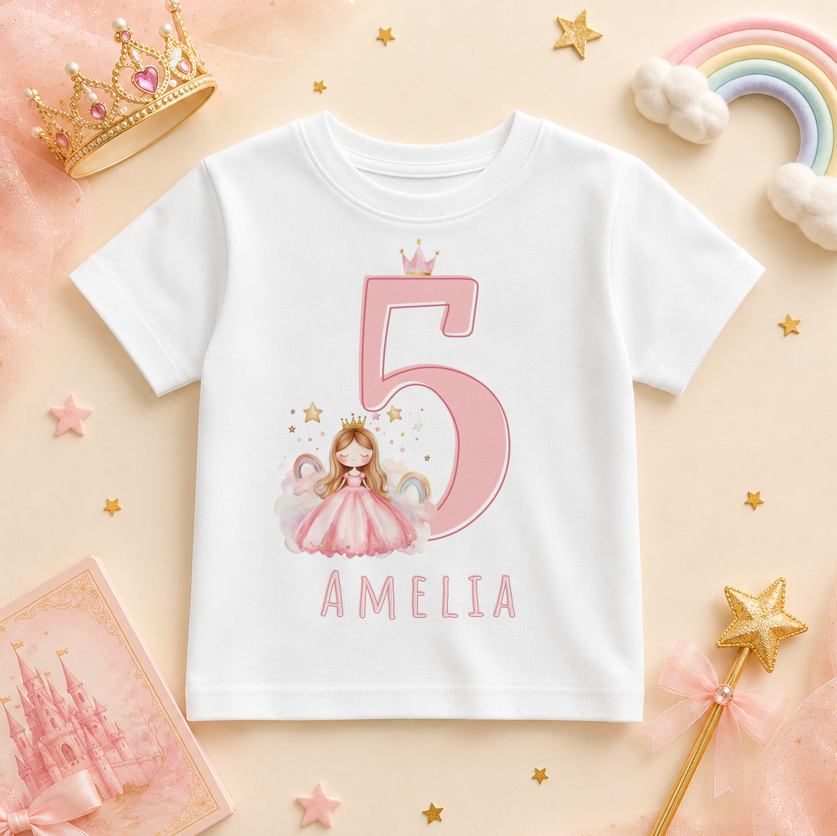 Personalised 5th Birthday Pink Crowned 5 Princess Rainbow T-Shirt for Girls