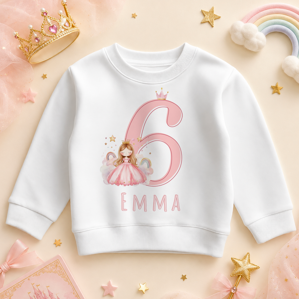 Personalised 6th Birthday Pink Princess Rainbow Sweatshirt for Girls & Kids