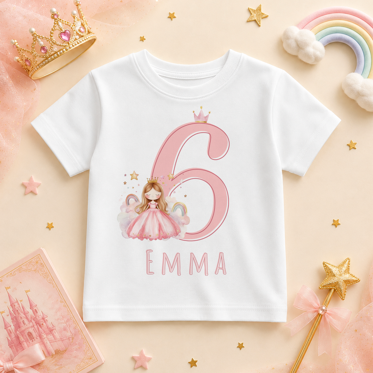 Personalised 6th Birthday Pink Princess Rainbow T-Shirt for Girls & Kids