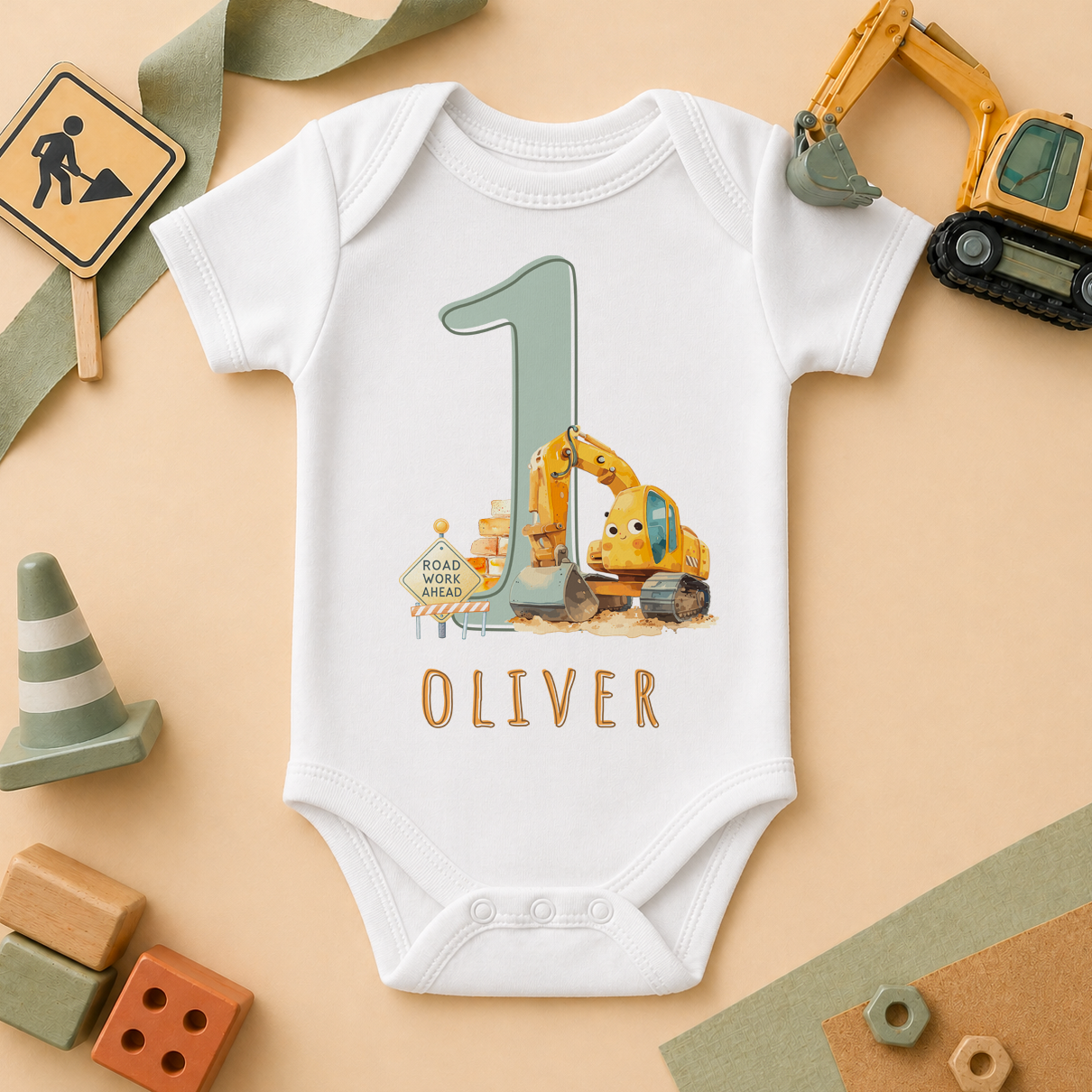 Personalised Name Baby Vest Bodysuit 1st Birthday Digger Construction Road Work Ahead Yellow Orange for Newborn Shower Gift