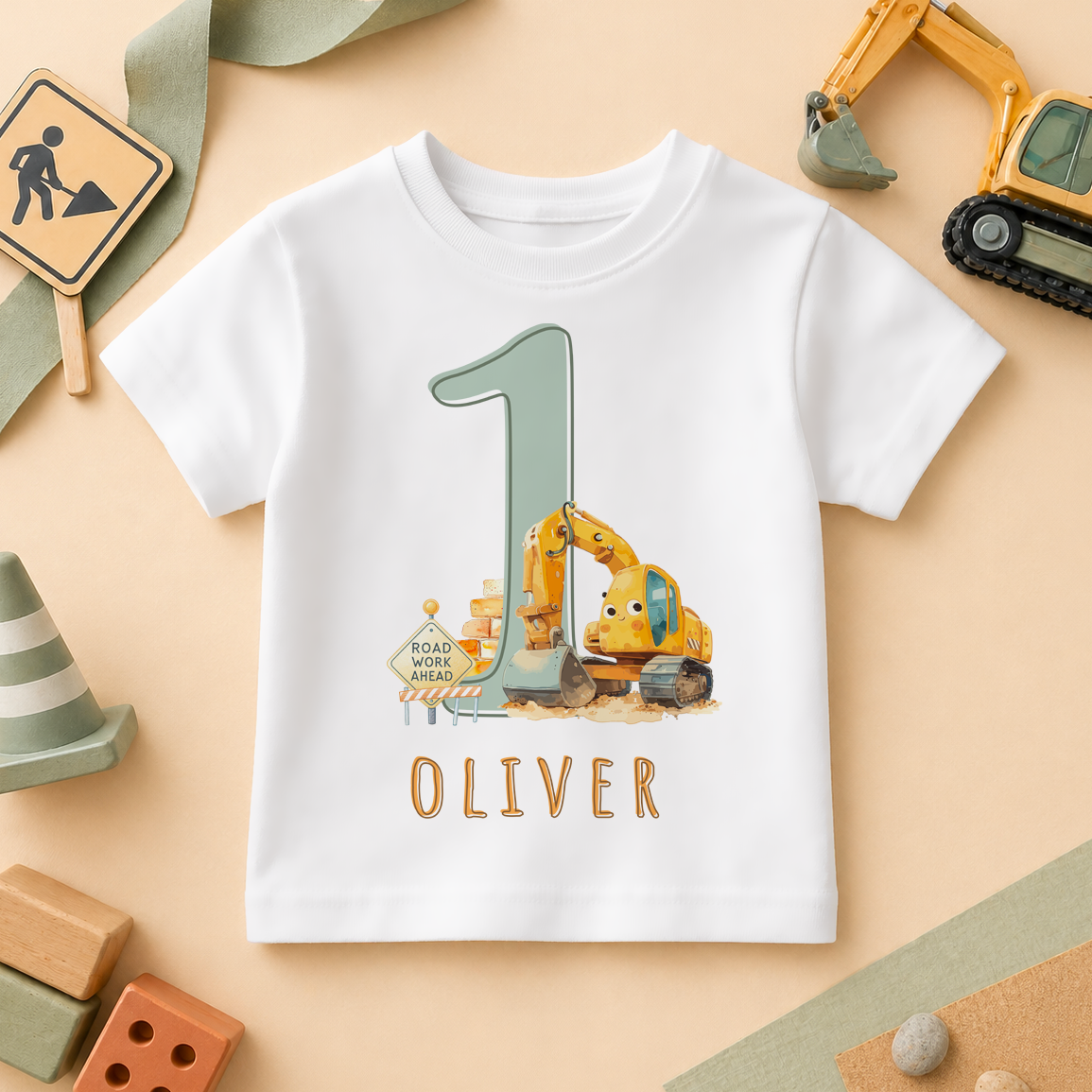 Personalised Name Kids T-Shirt 1st Birthday Digger Excavator Road Work Sign for Toddler Gift