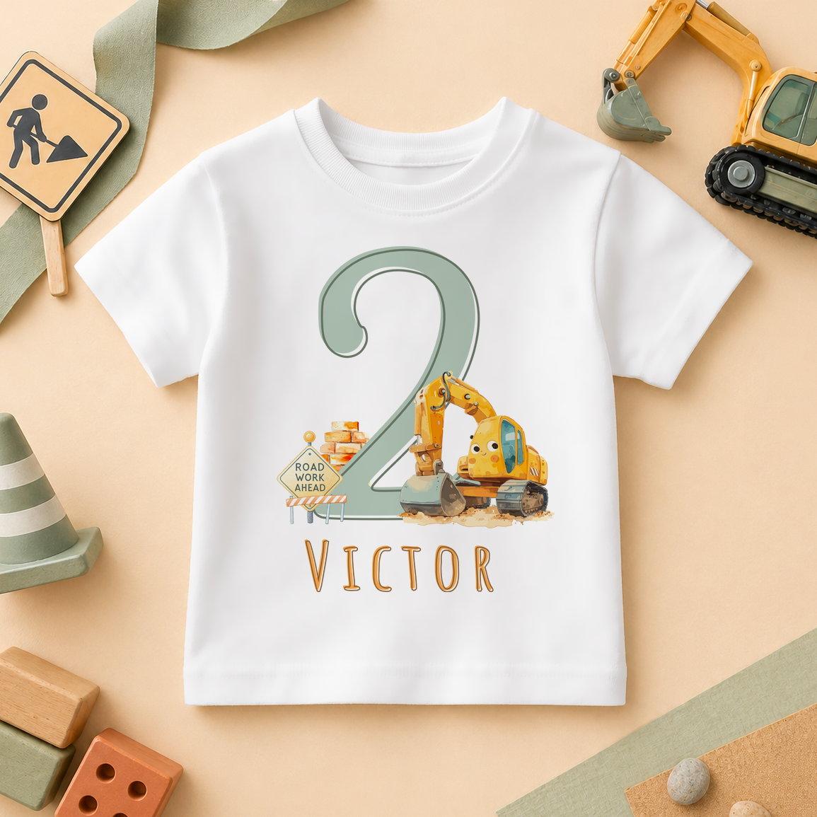 Personalised Name Boys T-Shirt 2nd Birthday Digger Excavator Road Work Sign Yellow Construction for Kids Gift