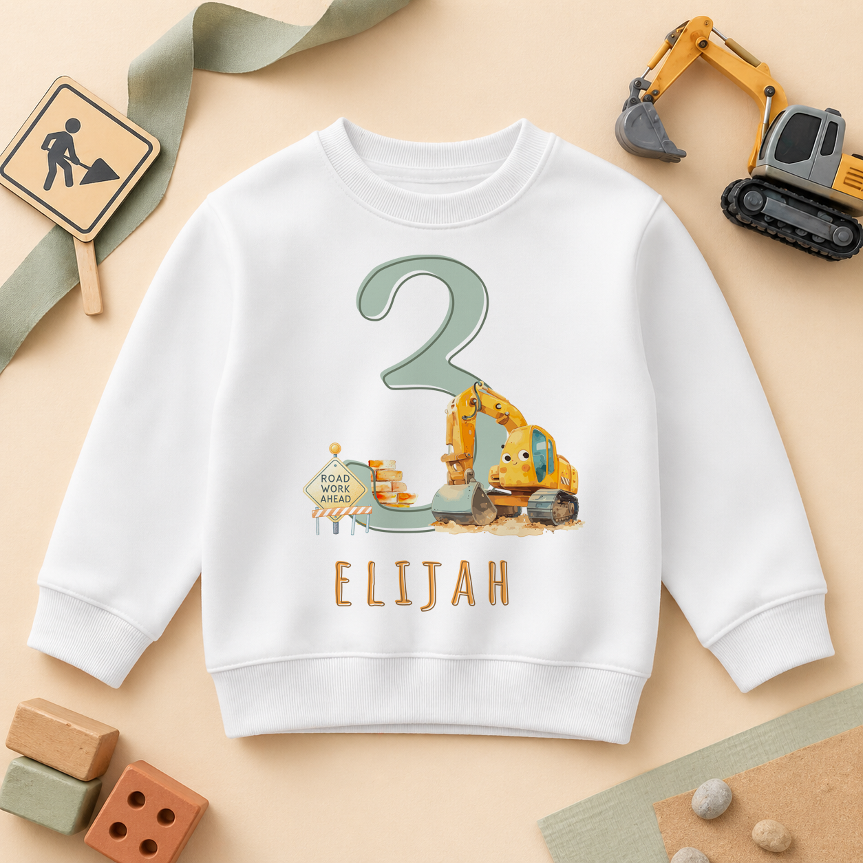 Personalised Name Kids Jumper 3rd Birthday Digger Road Work Sign Construction Trucks for Toddler Gift