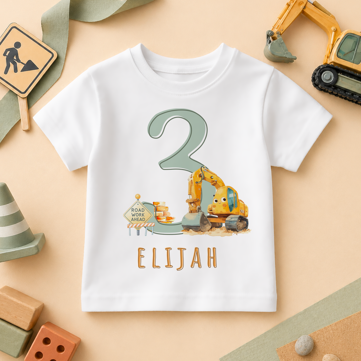 Personalised Name Kids T-Shirt 3rd Birthday Digger Road Work Sign Construction Trucks for Toddler Gift