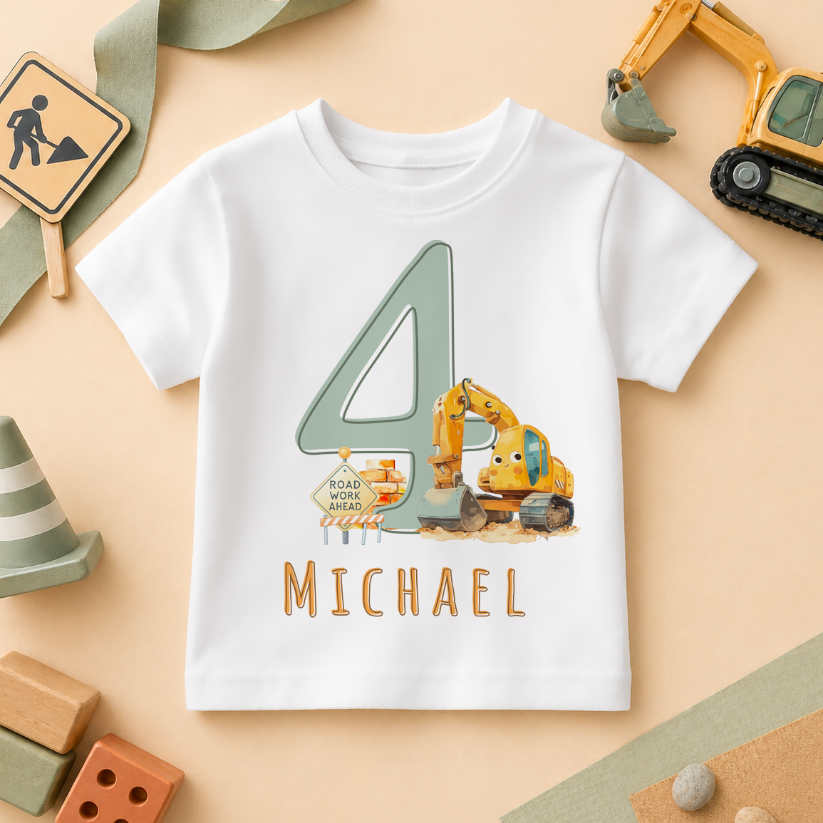 Personalised Name Kids T-Shirt 4th Birthday Excavator Digger Road Work Ahead Construction Gift