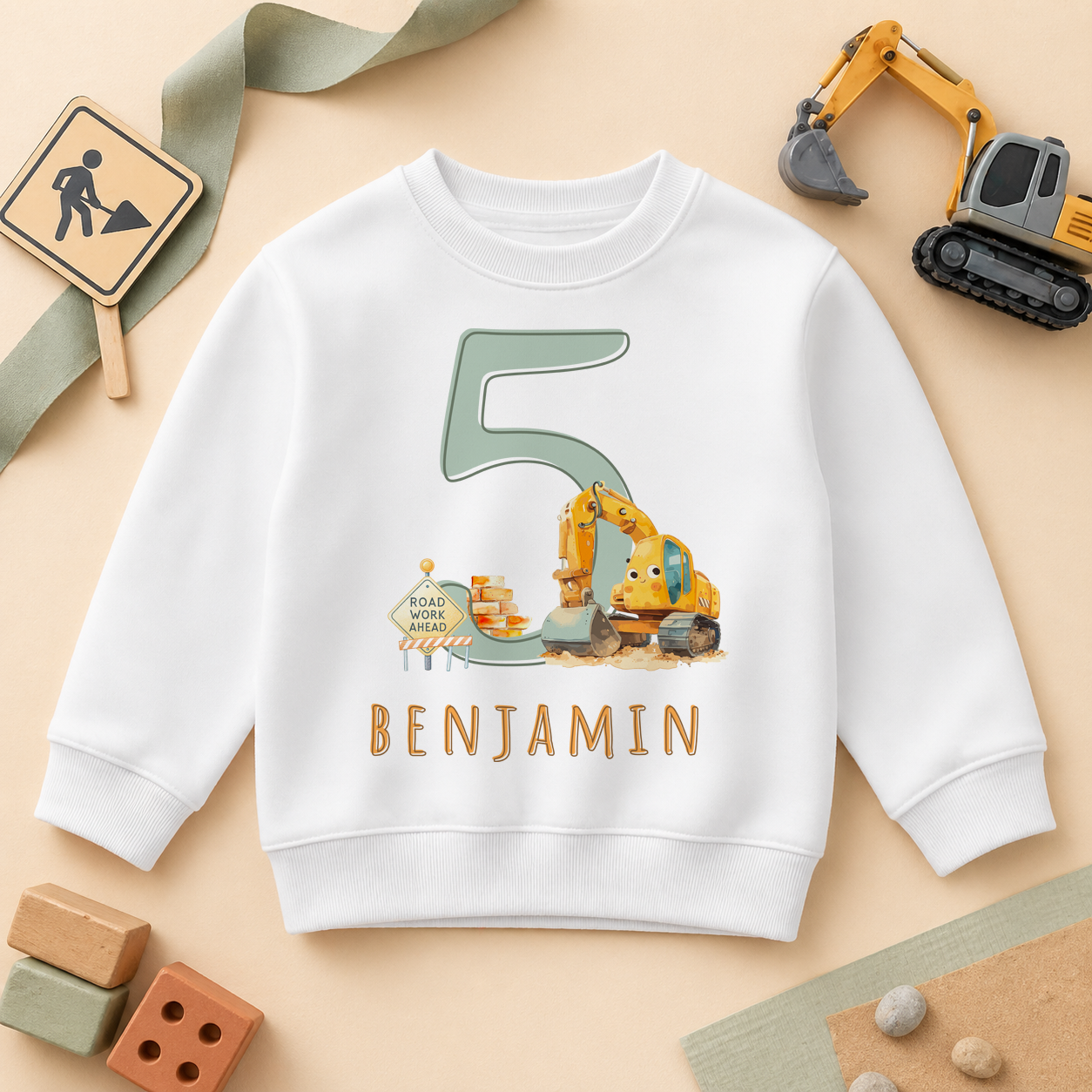 Personalised 5th Birthday Yellow Digger Construction Sweatshirt for Boys
