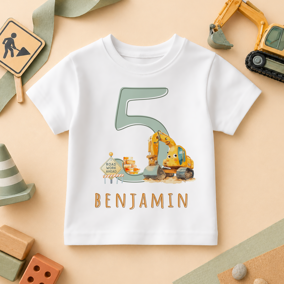 Personalised 5th Birthday Yellow Digger Construction T-Shirt for Boys
