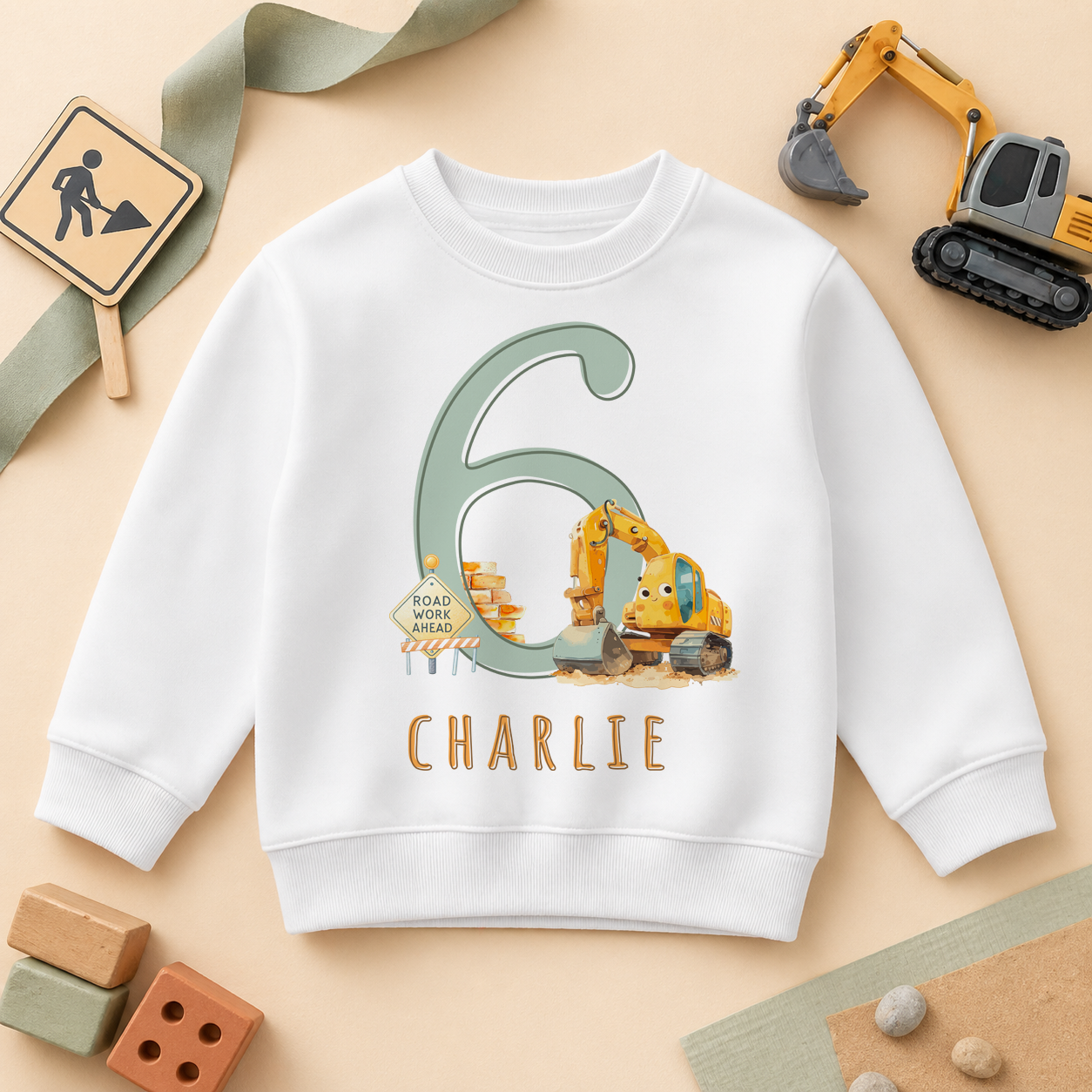 Personalised 6th Birthday Yellow Digger Road Sign Sweatshirt for Boys