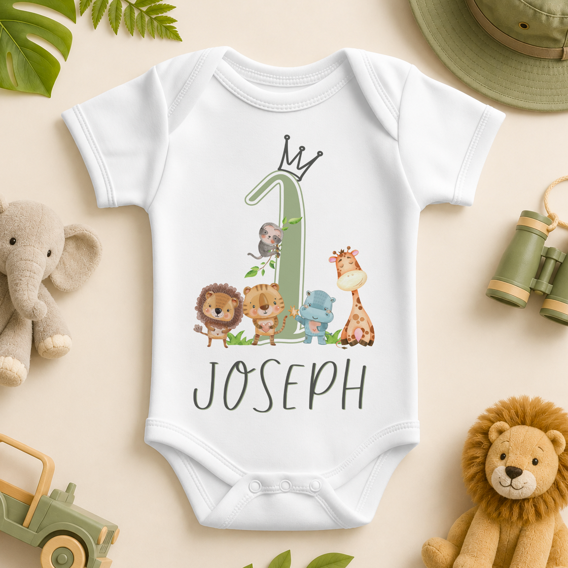 Personalised Baby 1st Birthday Crowned Green Number 1 Safari Vest Bodysuit for Kids