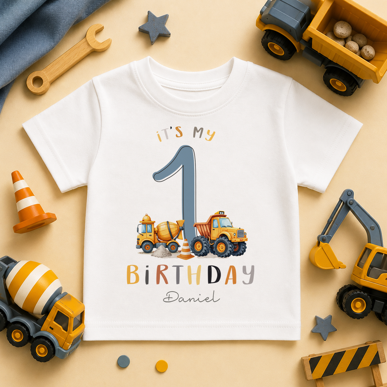 Personalised Name Kids T-Shirt 1st Birthday Construction Vehicles Cement Mixer Tipper Truck Digger for Toddler Gift
