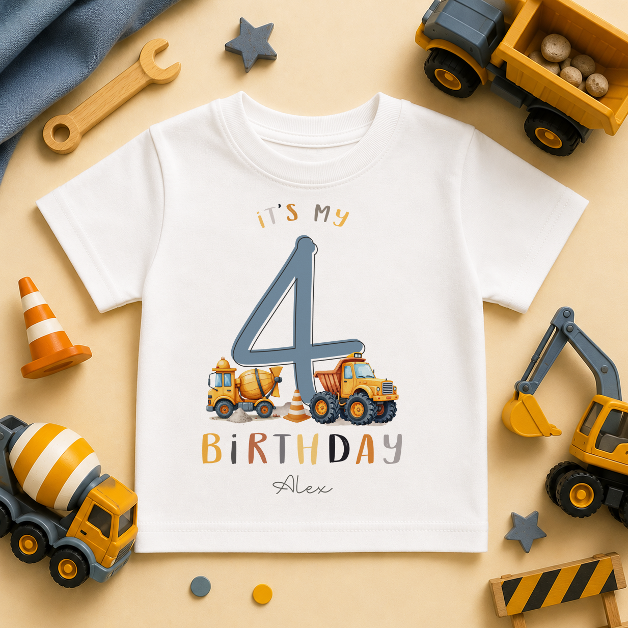 Personalised Name Kids T-Shirt 4th Birthday Cement Mixer Tipper Truck Construction Digger Gift