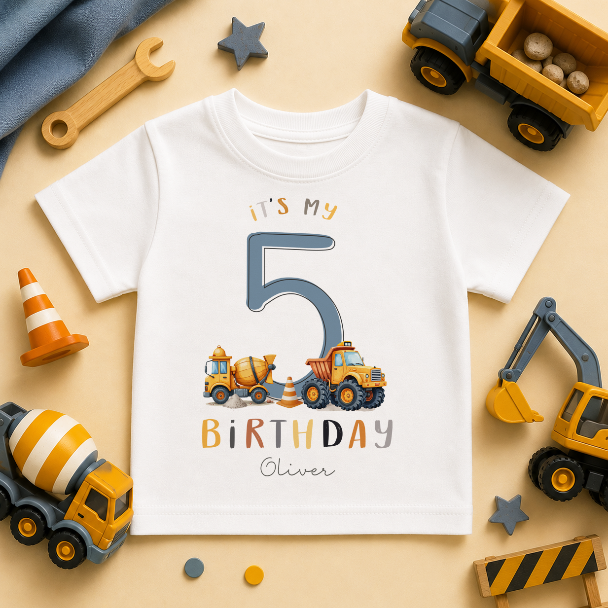 Personalised Name Kids T-Shirt 5th Birthday Cement Mixer Tipper Truck Construction Vehicles Gift Idea