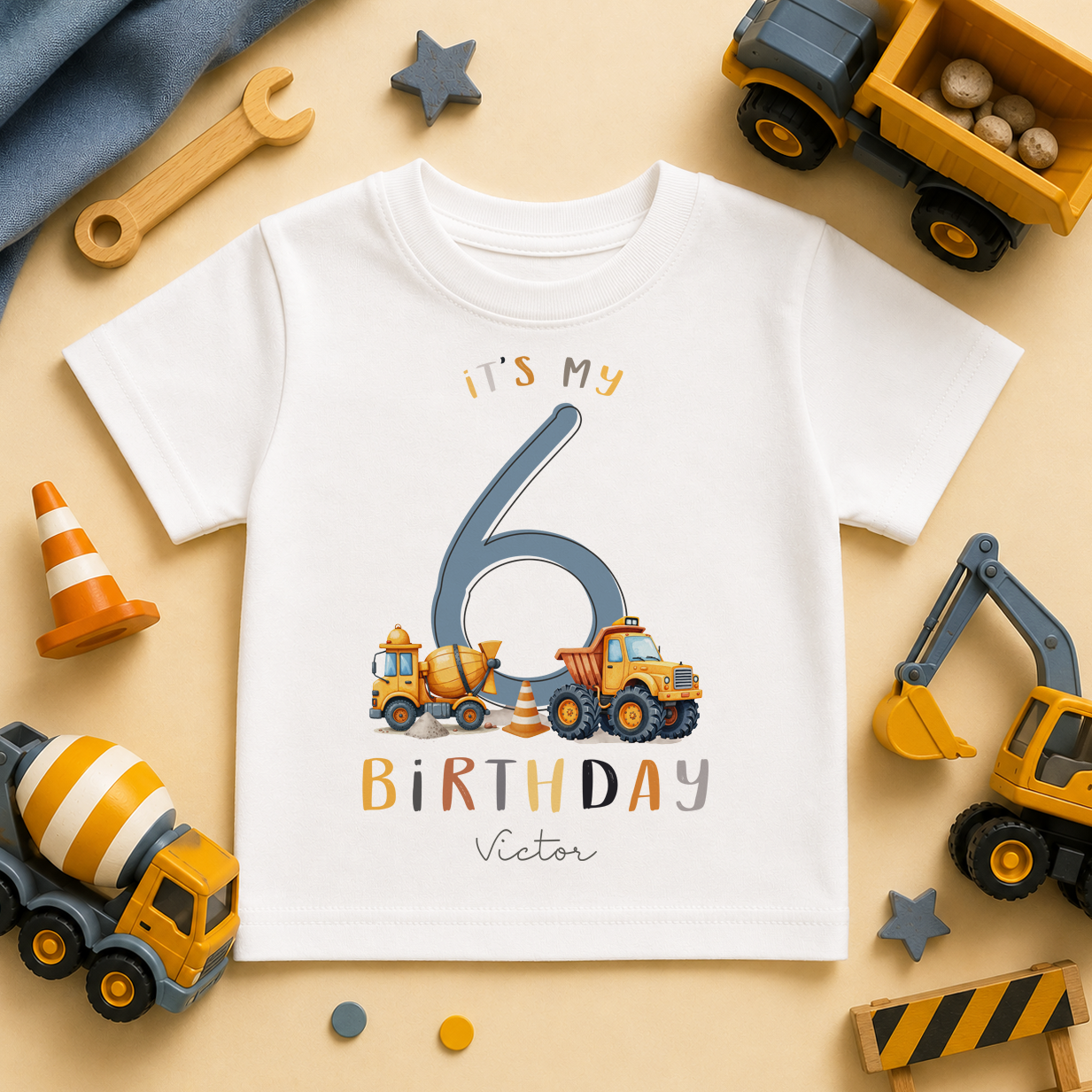Personalised 6th Birthday Cement Mixer & Tipper Truck T-Shirt for Boys