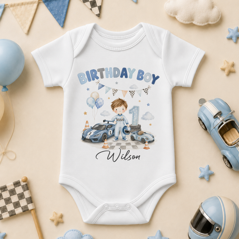 Personalised 1st Birthday Boy Racing Car Baby Vest Bodysuit, Watercolour Blue Cars with Name