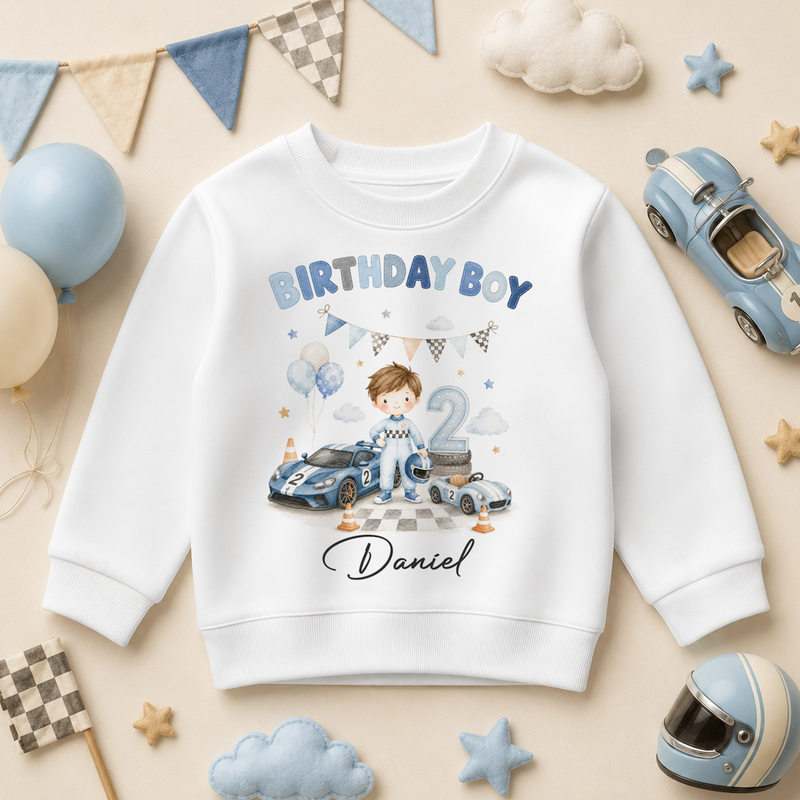 Personalised 2nd Birthday Boy Racing Car Kids Sweatshirt, Watercolour Blue Cars with Name