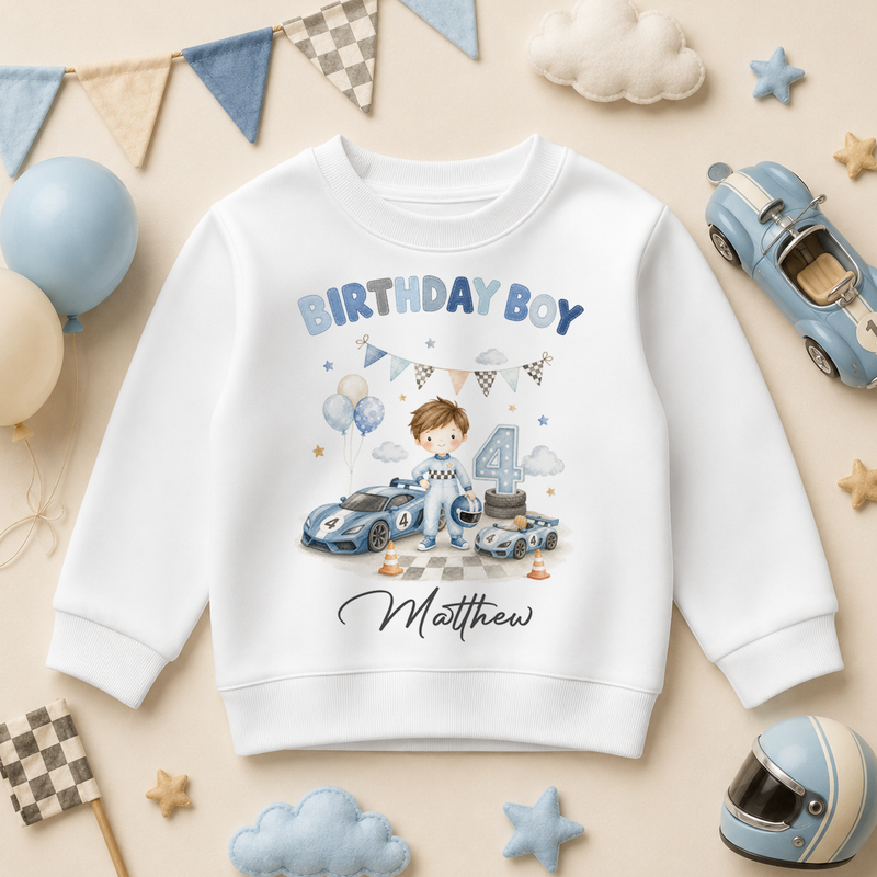 Personalised 4th Birthday Boy Racing Car Kids Sweatshirt, Watercolour Blue Cars with Name